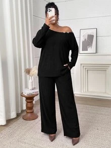 SHEIN LUNE Plus Rhinestone Trim Drop Shoulder Tee & Pants - Black - View 3