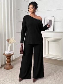 SHEIN LUNE Plus Rhinestone Trim Drop Shoulder Tee & Pants - Black - View 1