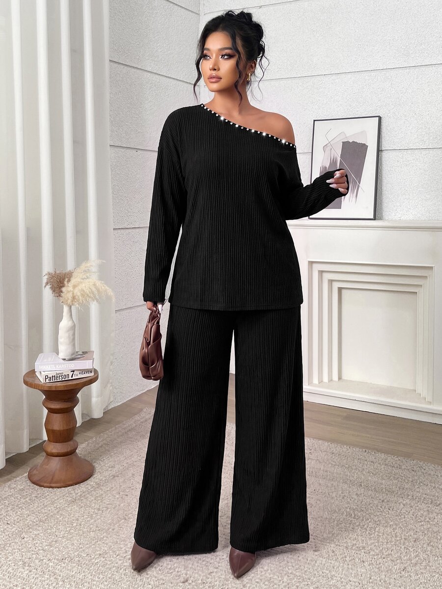 SHEIN LUNE Plus Rhinestone Trim Drop Shoulder Tee & Pants - Black - View 1