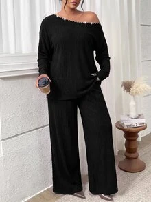 SHEIN LUNE Plus Rhinestone Trim Drop Shoulder Tee & Pants - Black - View 6