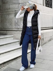 SHEIN Privé 拉链连帽羽绒背心加厚外套 - 黑色 - 查看 4