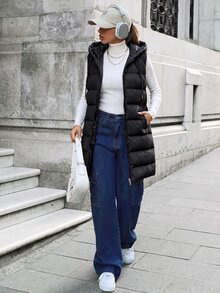 SHEIN Privé 拉链连帽羽绒背心加厚外套 - 黑色 - 查看 3