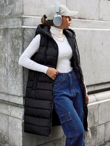 SHEIN Privé 拉链连帽羽绒背心加厚外套 - 黑色 - 查看 5