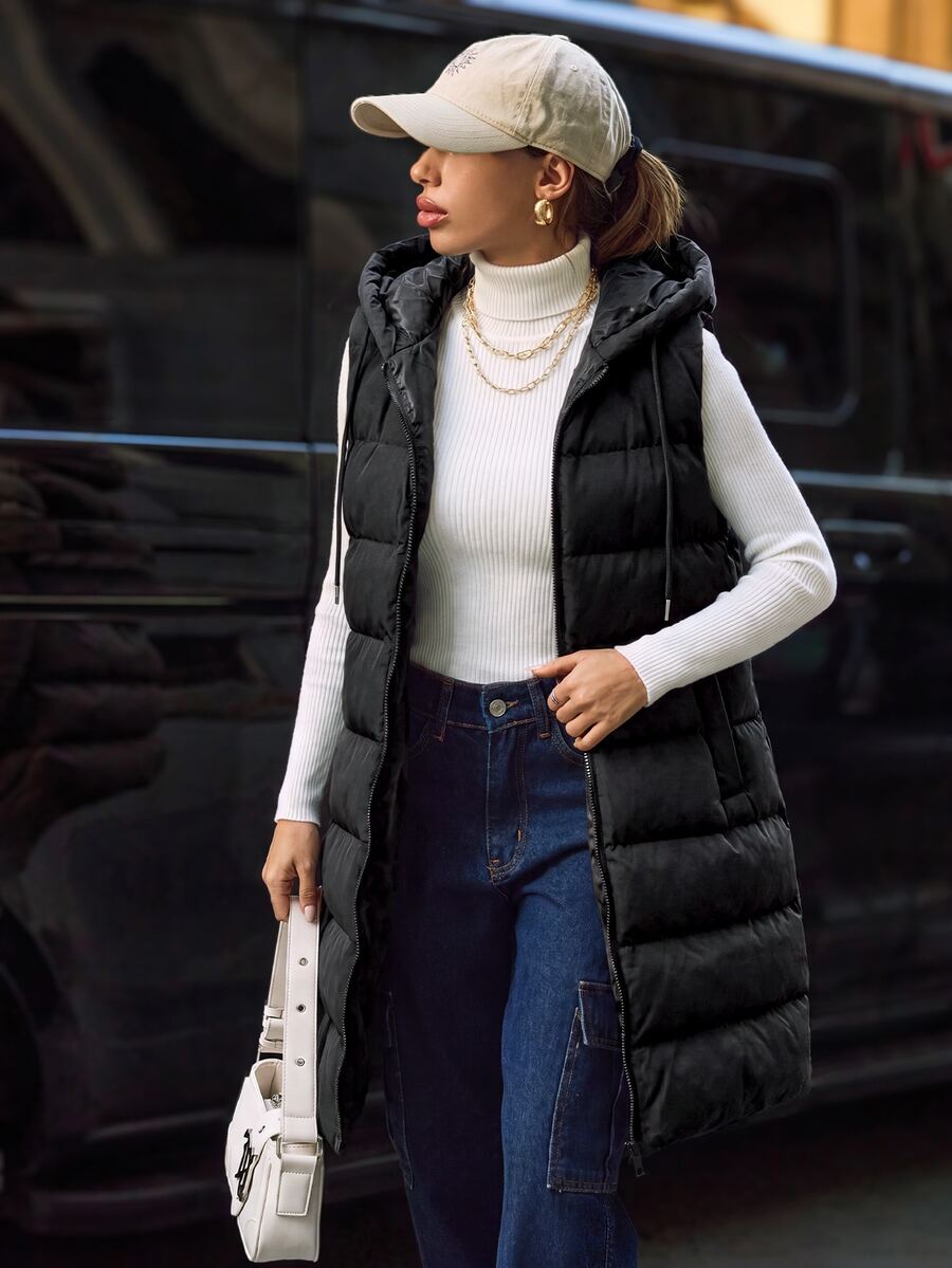 SHEIN Privé 拉链连帽羽绒背心加厚外套 - 黑色 - 查看 1