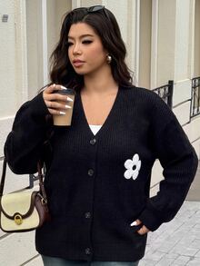 SHEIN Cottnline Plus Floral Pattern Drop Shoulder Cardigan, For Winter Fall Cloth For Women - Black - View 3