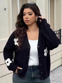 SHEIN Cottnline Plus Floral Pattern Drop Shoulder Cardigan, For Winter Fall Cloth For Women - Black - View 5