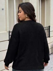 SHEIN Cottnline Plus Floral Pattern Drop Shoulder Cardigan, For Winter Fall Cloth For Women - Black - View 2