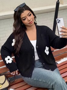 SHEIN Cottnline Plus Floral Pattern Drop Shoulder Cardigan, For Winter Fall Cloth For Women - Black - View 1