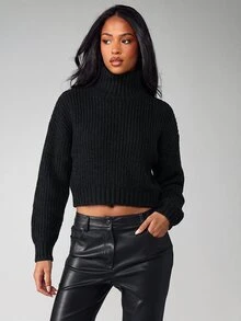 SHEIN Unity 高领落肩毛衣，长袖针织套头衫，秋冬款 - 黑色 - 查看 3