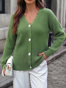 SHEIN Frenchy Drop Shoulder Button Front Cardigan - Green - View 4