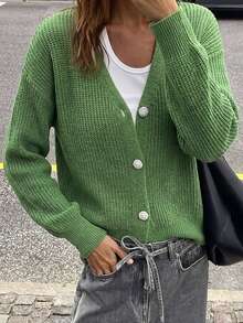 SHEIN Frenchy Drop Shoulder Button Front Cardigan - Green - View 5
