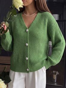 SHEIN Frenchy Drop Shoulder Button Front Cardigan - Green - View 1