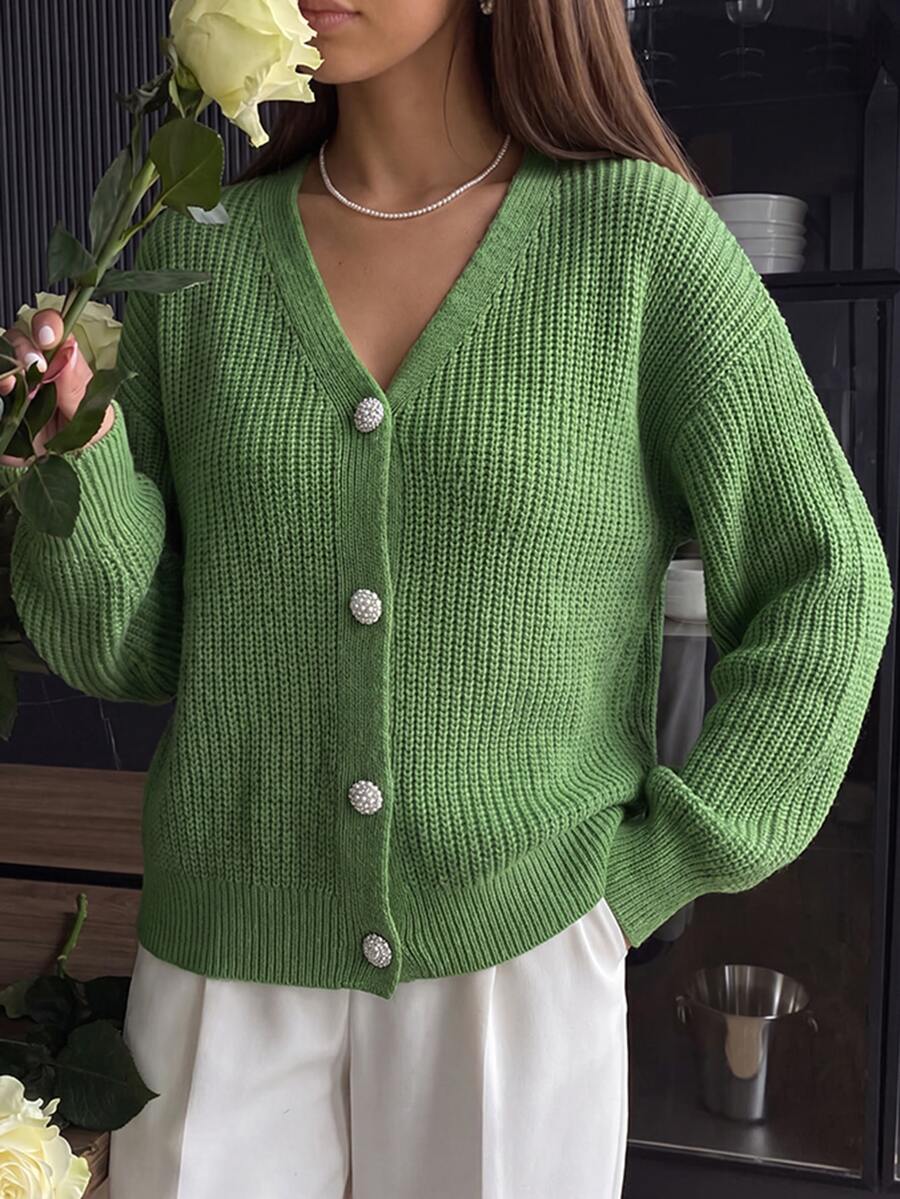 SHEIN Frenchy Drop Shoulder Button Front Cardigan - Green - View 1