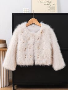 SHEIN 少女毛茸茸珍珠裝飾外套，適合休閒、時尚且優雅的日常穿著，秋冬毛皮夾克 - 杏色 - 查看 4