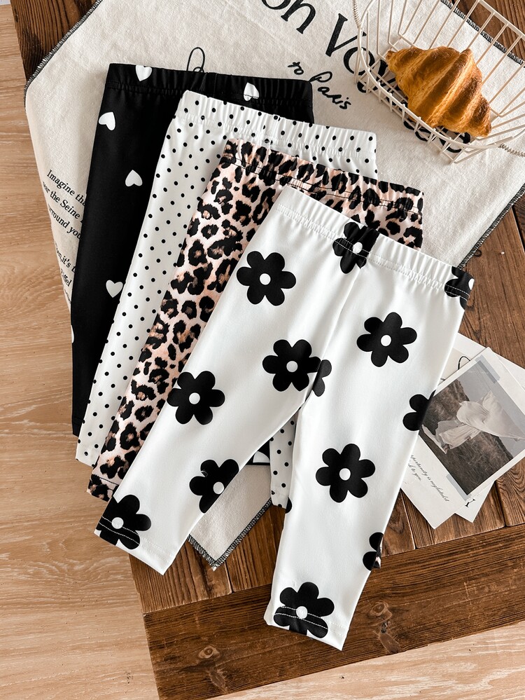 SHEIN 4pcs/Pack Baby Girl Infant Newborn Sweet Casual Floral Polka Dot Leopard Print Leggings, Baby Girl Pants, Suitable For Spring Autumn All Seasons - Multicolor - View 2