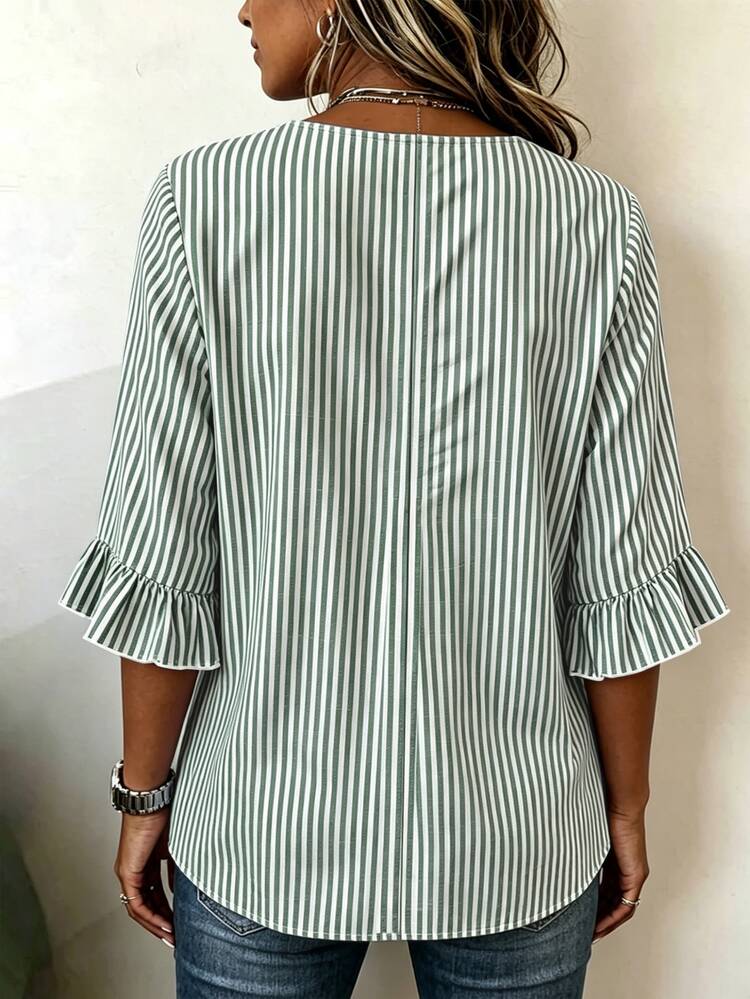 Linhara CURVE Plus Size Women's Notch V-Neck Button Decor Mid-Sleeve Sage Green Shirt, Women's Summer Top, Vacation Shirt, Top, Casual Smart Casual Beach Office Top - Green - View 2