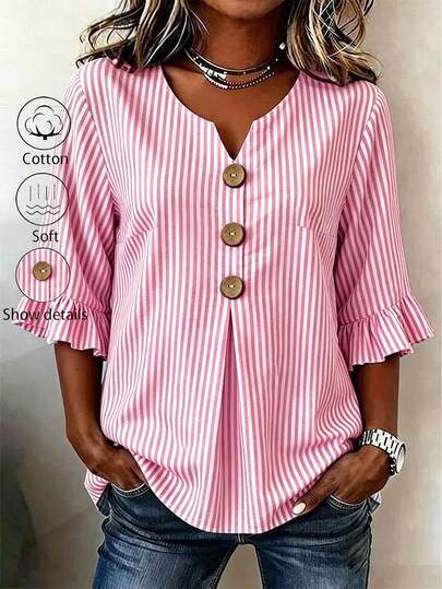 Linhara CURVE Camisa de mujer talla grande con cuello en V con muesca, decoración de botones, manga media, rayas azules, top de verano para mujer, camisa de vacaciones, top a rayas, top casual de playa