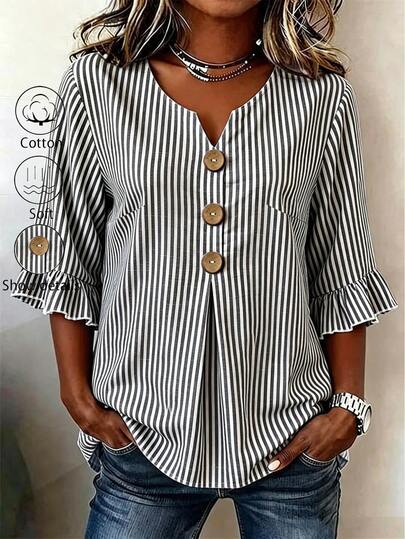 Linhara CURVE Plus Size Women's Notch V-Neck Button Decor Mid-Sleeve Black And White Shirt, Summer Top, Vacation, Casual Beach Bussines Bussines Office