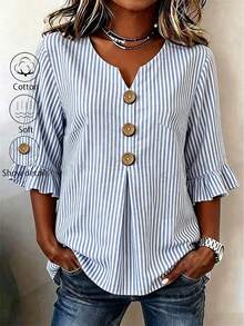 EMERY ROSE Plus Size Women's V-Neck Button Decor Mid-Sleeve Blue Striped Shirt, Ladies Summer Top, Vacation Blouse, Soft Cotton Striped Tee, Casual Beach Top - Blue - View 1