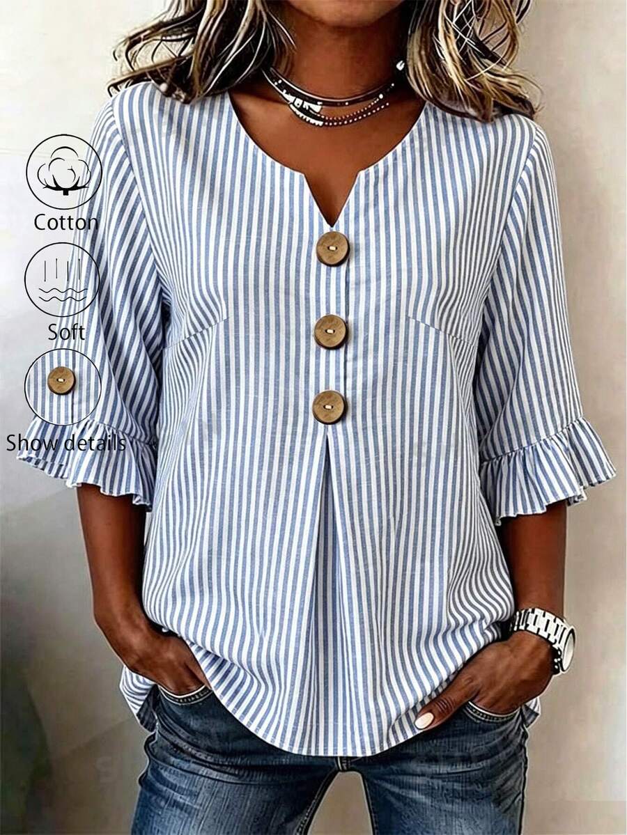 EMERY ROSE Plus Size Women's V-Neck Button Decor Mid-Sleeve Blue Striped Shirt, Ladies Summer Top, Vacation Blouse, Soft Cotton Striped Tee, Casual Beach Top - Blue - View 1
