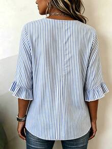 EMERY ROSE Plus Size Women's V-Neck Button Decor Mid-Sleeve Blue Striped Shirt, Ladies Summer Top, Vacation Blouse, Soft Cotton Striped Tee, Casual Beach Top - Blue - View 2