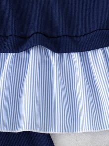 SHEIN 女童秋季休閒西部風襯衫套裝，白色3D蝴蝶結，紫色針織羅紋拼接梭織2合1上衣，喇叭褲，7歲生日幼兒園穿搭 - 藍色 - 查看 7