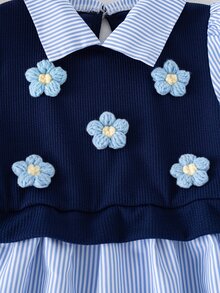 SHEIN 女童秋季休閒西部風襯衫套裝，白色3D蝴蝶結，紫色針織羅紋拼接梭織2合1上衣，喇叭褲，7歲生日幼兒園穿搭 - 藍色 - 查看 8