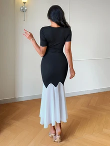 Franclia 优雅圆领亮片拼接黑白短袖连衣裙，女士春夏时尚派对礼服 - 黑與白 - 查看 2