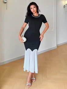 Franclia 优雅圆领亮片拼接黑白短袖连衣裙，女士春夏时尚派对礼服 - 黑與白 - 查看 8