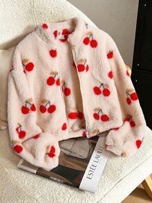 SHEIN Girls Sweet Cute Plush Jacket Back To School Daily Commute Outing Campus Wear Fall Winter Thickened Stand Collar Short All-Over Cherry Print Loose Lam - Apricot - View 1