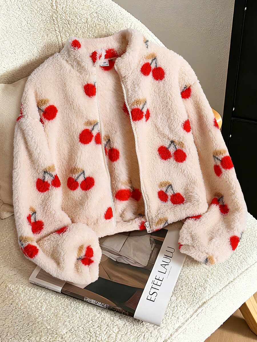 SHEIN Girls Sweet Cute Plush Jacket Back To School Daily Commute Outing Campus Wear Fall Winter Thickened Stand Collar Short All-Over Cherry Print Loose Lam - Apricot - View 1