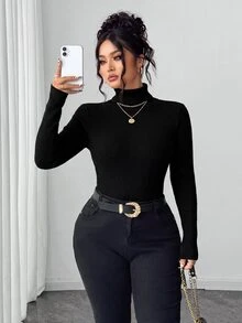 SHEIN Cottnline Plus Turtleneck Ribbed Knit Jumper - Black - View 1