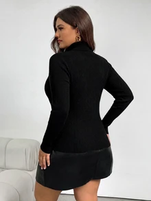 SHEIN Cottnline Plus Turtleneck Ribbed Knit Jumper - Black - View 2