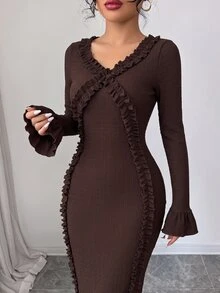 Modelyn 優雅女款修身V領長袖中長洋裝，附荷葉邊飾與側開衩，顯瘦設計 - 棕色 - 查看 5