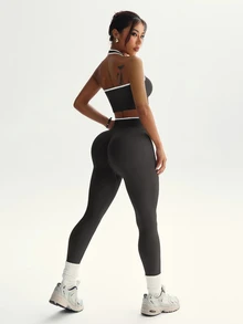 Dewbera Dewbera Women's Color Block Trim Backless Halter Top & Leggings Sports Set - Dark Grey - View 2