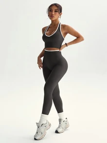 Dewbera Dewbera Women's Color Block Trim Backless Halter Top & Leggings Sports Set - Dark Grey - View 5