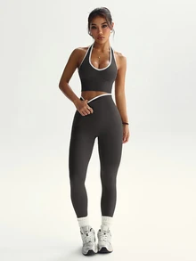 Dewbera Dewbera Women's Color Block Trim Backless Halter Top & Leggings Sports Set - Dark Grey - View 3