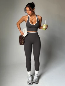 Dewbera Dewbera Women's Color Block Trim Backless Halter Top & Leggings Sports Set - Dark Grey - View 6