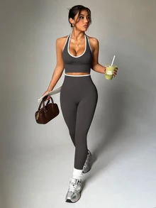 Dewbera Dewbera Women's Color Block Trim Backless Halter Top & Leggings Sports Set - Dark Grey - View 1