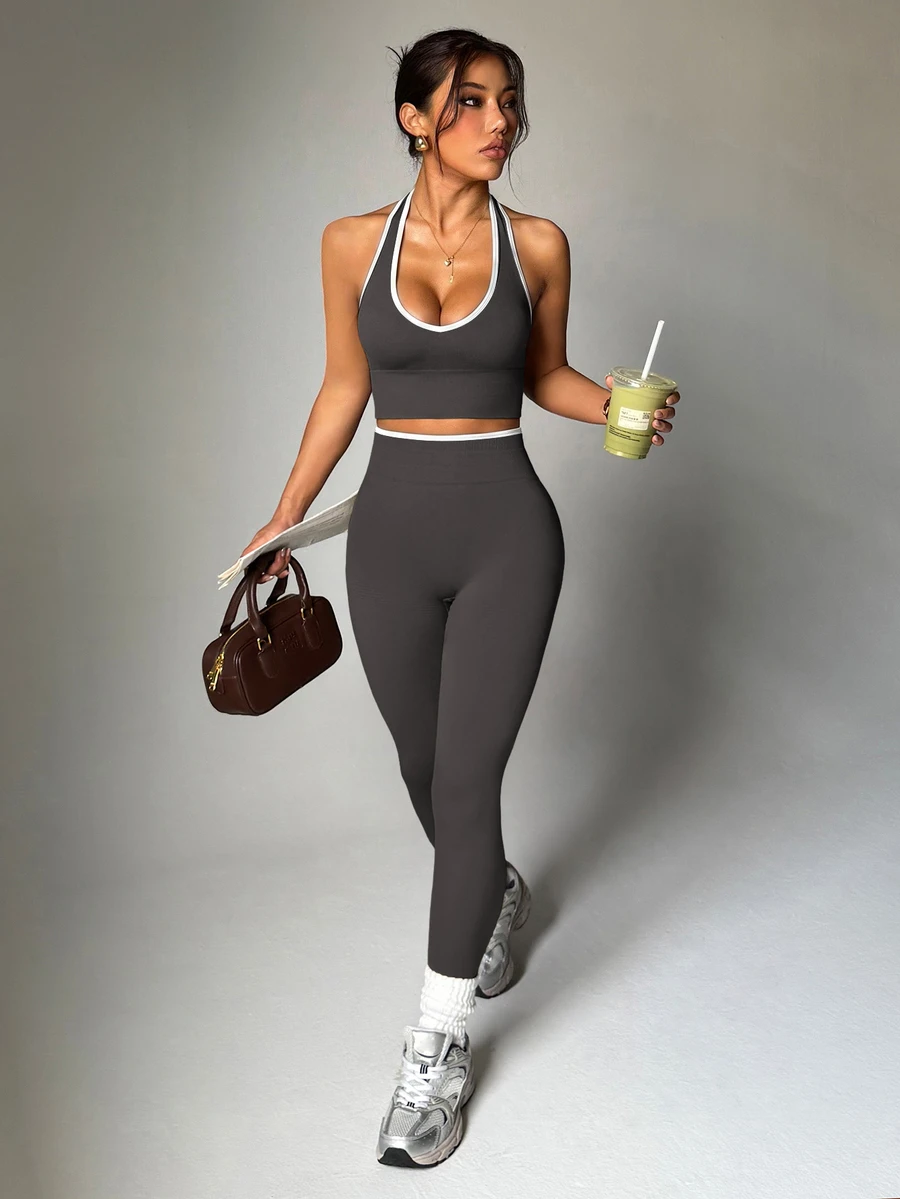 Dewbera Dewbera Women's Color Block Trim Backless Halter Top & Leggings Sports Set - Dark Grey - View 1