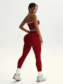 Dewbera Dewbera Women's Colorblock Trim Backless Halter Top & Leggings Sports Set - Red - View 2