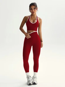 Dewbera Dewbera Women's Colorblock Trim Backless Halter Top & Leggings Sports Set - Red - View 3
