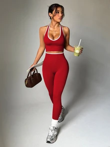 Dewbera Dewbera Women's Colorblock Trim Backless Halter Top & Leggings Sports Set - Red - View 1