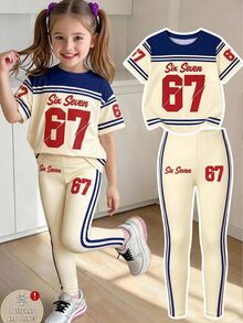 SHEIN 1套女童休閒舒適時尚運動風數字「67」字母「Six Seven」口號條紋短袖T恤與緊身褲套裝，適合外出、運動、校園穿著 - 彩色 - 查看 1