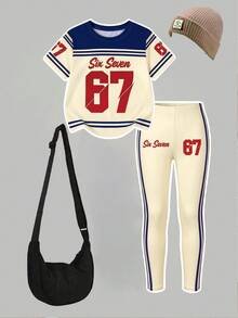 SHEIN 1套女童休閒舒適時尚運動風數字「67」字母「Six Seven」口號條紋短袖T恤與緊身褲套裝，適合外出、運動、校園穿著 - 彩色 - 查看 3