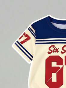 SHEIN 1套女童休閒舒適時尚運動風數字「67」字母「Six Seven」口號條紋短袖T恤與緊身褲套裝，適合外出、運動、校園穿著 - 彩色 - 查看 5