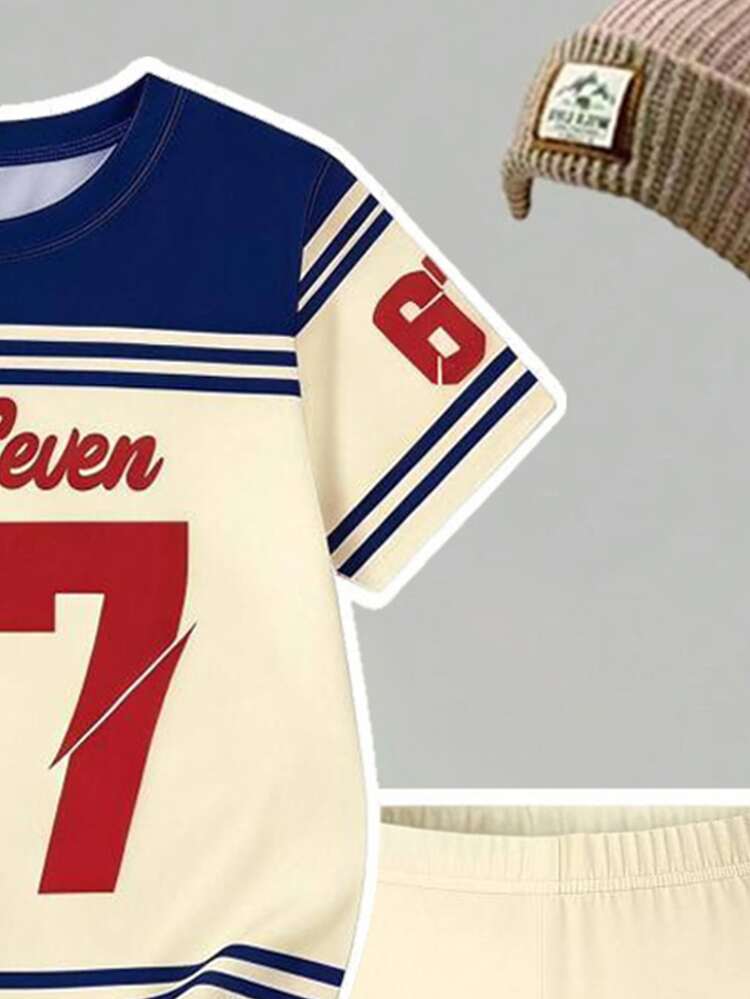 SHEIN 1 Set Young Girls Casual Comfortable Fashion Sporty Style Number "67" Letter "Six Seven" Slogan Striped Short Sleeve T-Shirt And Leggings Outfit Suitable For Outings, Sports, Campus - Multicolor - View 4