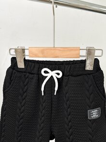 SHEIN 男童提花背心短裤套装，黑色图案正面，舒适针织面料，休闲度假通勤风格 - 黑色 - 查看 5