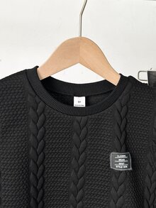 SHEIN 男童提花背心短裤套装，黑色图案正面，舒适针织面料，休闲度假通勤风格 - 黑色 - 查看 4