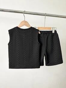SHEIN 男童提花背心短裤套装，黑色图案正面，舒适针织面料，休闲度假通勤风格 - 黑色 - 查看 2